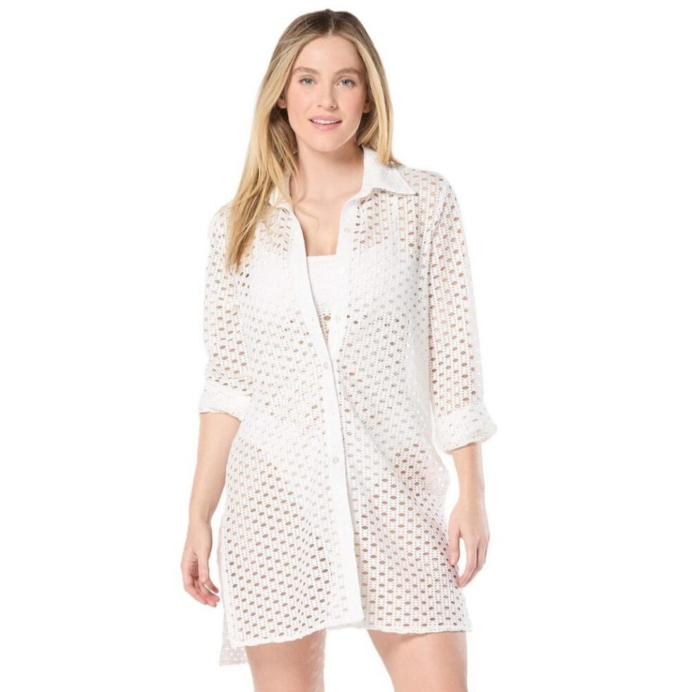 Carmen Marc Valvo Women's Crochet Tunic Swim Cover-up White Size XS